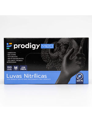 LUVAS NITRÍLICAS PRODIGY MED SEM PÓ COM 100 UNIDADES PRETA