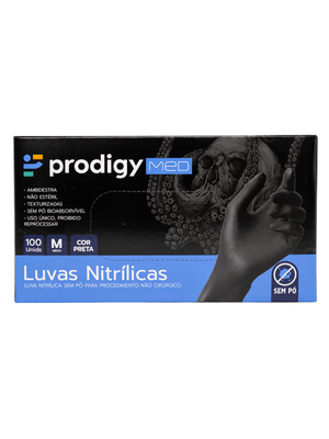 LUVAS NITRÍLICAS SEM PÓ PRODIGY MED PARA PROCEDIMENTOS NÃO CIRURGICOS COM 100 UNIDADES PRETA